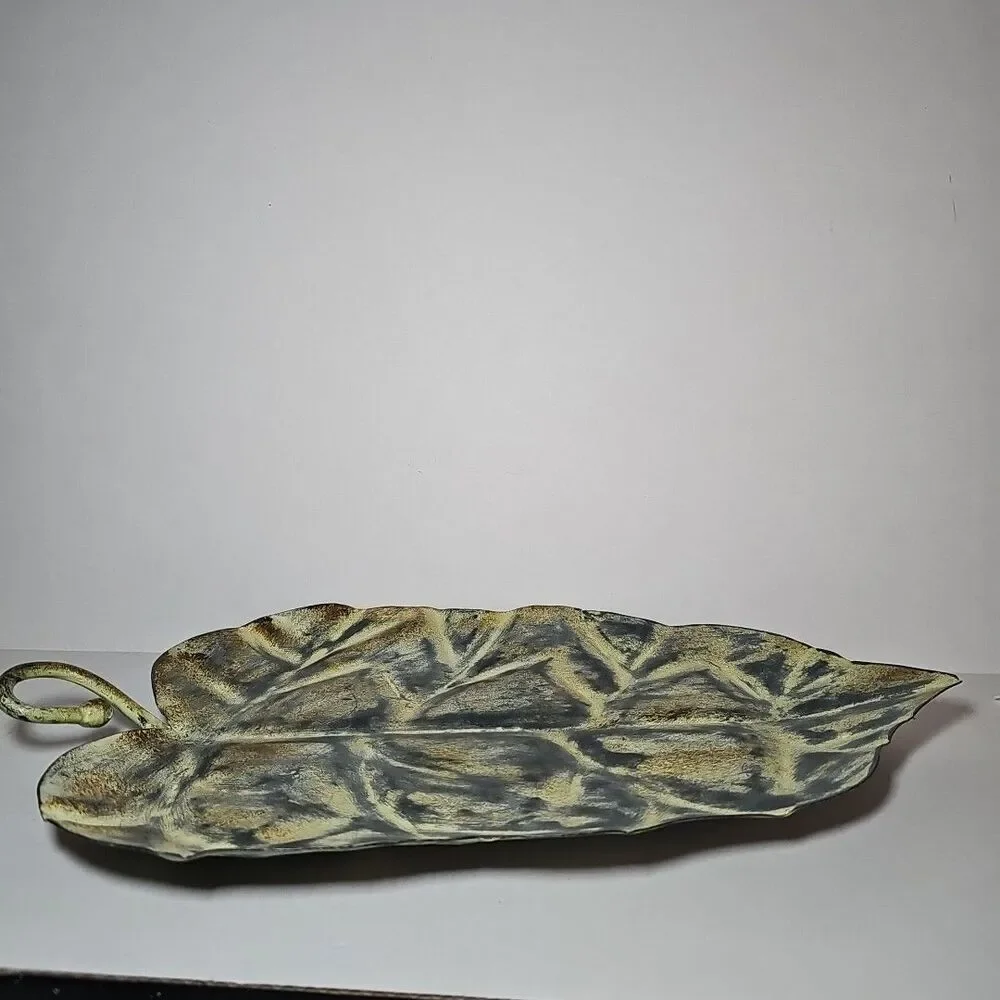 Large 19 Inch Green Metal Leaf Centerpiece Tray Nature Outdoor Tree